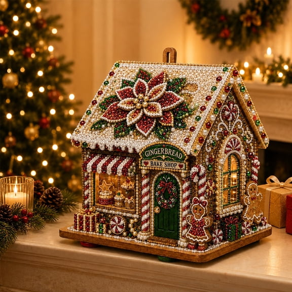 3D Christmas House Diamond Painting Kit for Adults, DIY 6 Wooden Panels with Pearls and Diamonds, Festive Tabletop Display, Holiday Decor