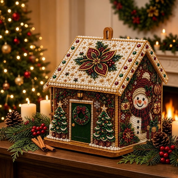 3D Christmas House Diamond Painting Kit for Adults, Wooden Pearl Art Craft, Holiday Decor DIY Festive Tabletop Display