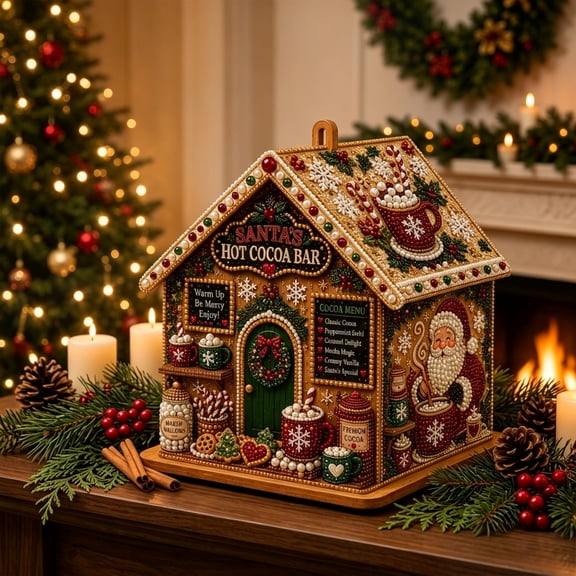 3D Christmas House Diamond Painting Kit for Adults, Wooden Pearl Art Craft, Holiday Decor DIY Festive Tabletop Display