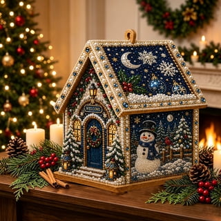 3D Christmas House Diamond Painting Kit for Adults, Wooden Pearl Art Craft, Holiday Decor DIY Festive Tabletop Display