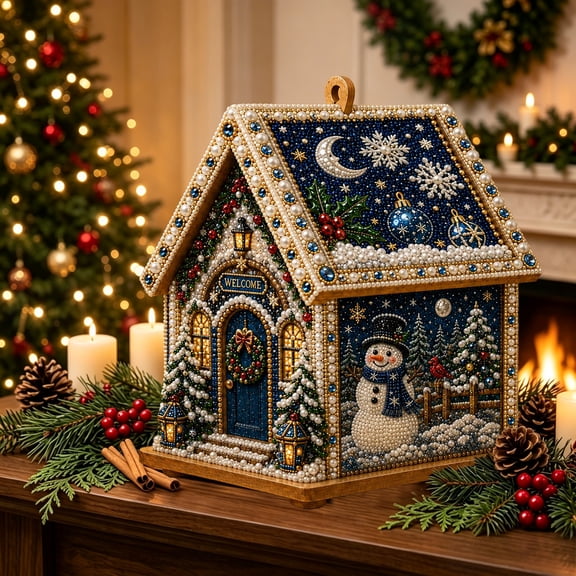 3D Christmas House Diamond Painting Kit for Adults, Wooden Pearl Art Craft, Holiday Decor DIY Festive Tabletop Display