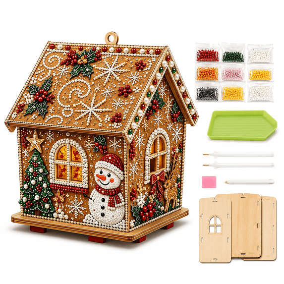 3D Christmas House Diamond Painting Kits for Adults, Premium Pearl Art Craft with LED Wooden Holiday House Ornament, Handmade Christmas Decoration Kit and Creative Gift