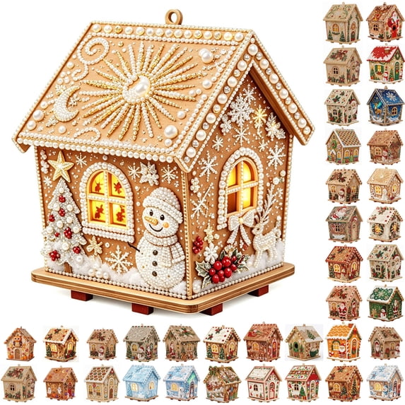 3D Christmas House Diamond Pearl Art Craft Set, Realistic Snow Textured Shiny Diamond Handmade Wooden House Diy Kit Strong-adhesive Decor for Xmas Tree Wall Table Home Holiday Party Supplies Gift