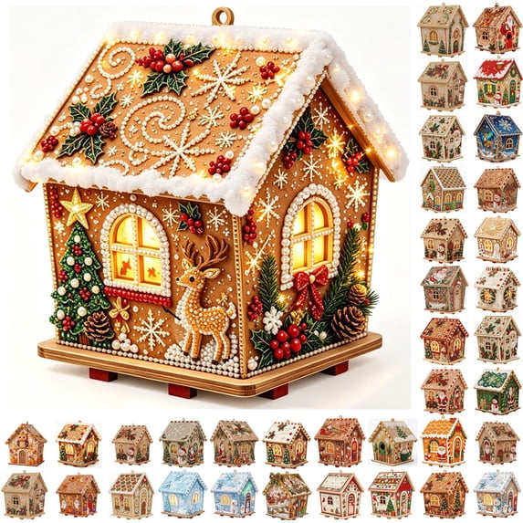 3D Christmas House Diamond Pearl Art Craft Set, Realistic Snow Textured Shiny Diamond Handmade Wooden House Diy Kit Strong-adhesive Decor for Xmas Tree Wall Table Home Holiday Party Supplies Gift