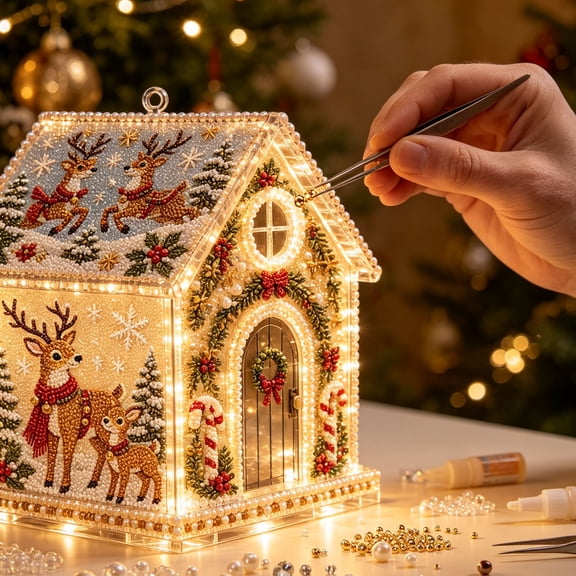 3D Christmas House Pearl Art Kit, Acrylic Bead Craft Set with LED Lights, DIY Festive House Ornament Decoration for Tree, Tabletop, Mantel, Living Room, Festive Craft, E