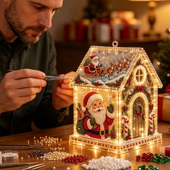 3D Christmas House Pearl Art Kit, Acrylic Bead Craft Set with LED Lights, DIY Festive House Ornament Decoration for Tree, Tabletop, Mantel, Living Room, Festive Craft, A