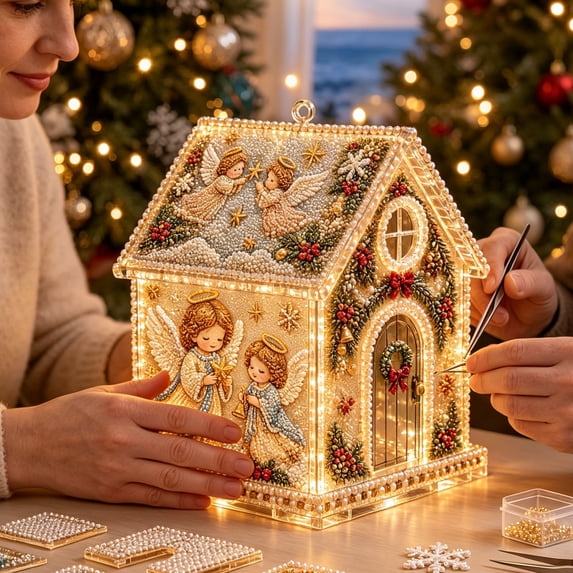 3D Christmas House Pearl Art Kit, Acrylic Bead Craft Set with LED Lights, DIY Festive House Ornament Decoration for Tree, Tabletop, Mantel, Living Room, Festive Craft, B