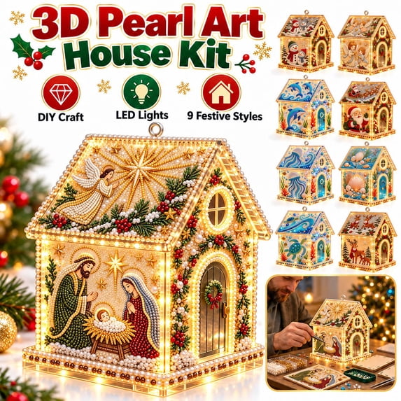 3D Christmas House Pearl Art Kit, Lighted DIY Diamond Art Craft with Rhinestones and Pearl Beads, Plastic Tabletop Holiday Decor, by Zovey