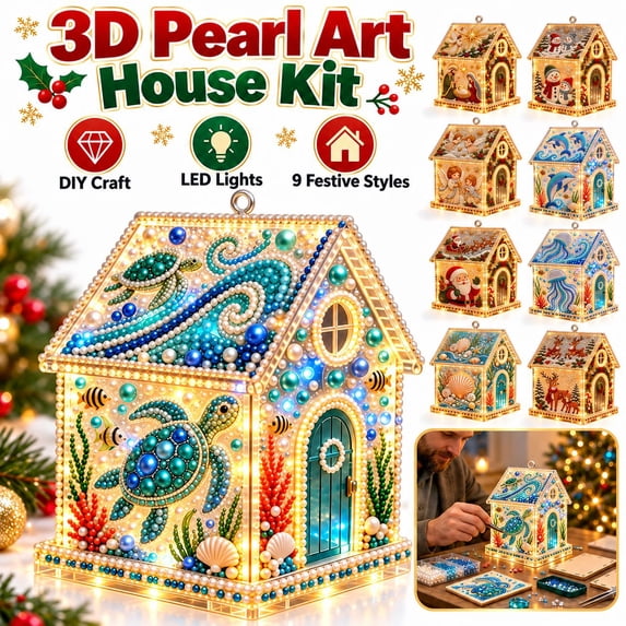 3D Christmas House Pearl Art Kit, Lighted DIY Diamond Art Craft with Rhinestones and Pearl Beads, Plastic Tabletop Holiday Decor, by Zovey