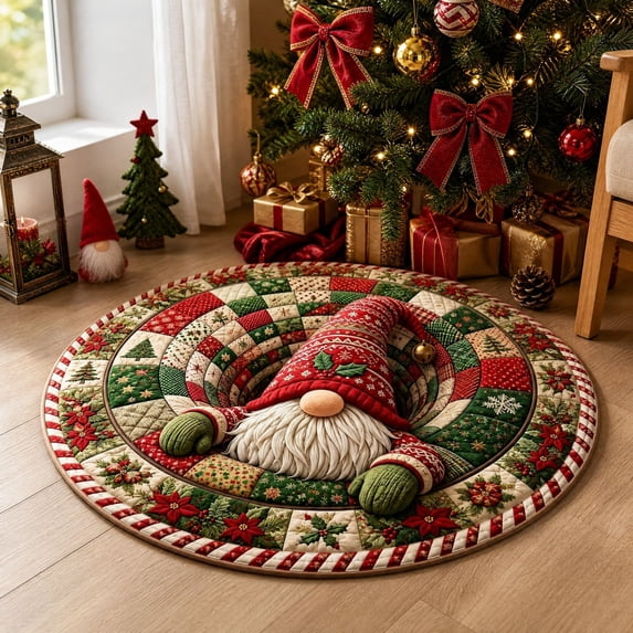 3D Christmas Optical Illusion Round Rug, Christmas Gnome Quilt Tunnel Visual Trap Floor Mat for Living Room, Entryway, Bedroom and Holiday Home Decor, 23.62 Inch
