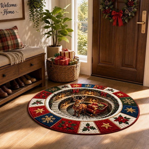 3D Christmas Optical Illusion Round Rug, Reindeer Fire Pit Spiral Stair Visual Trap Floor Mat for Living Room, Entryway, Bedroom and Holiday Home Decor, 23.62 Inch