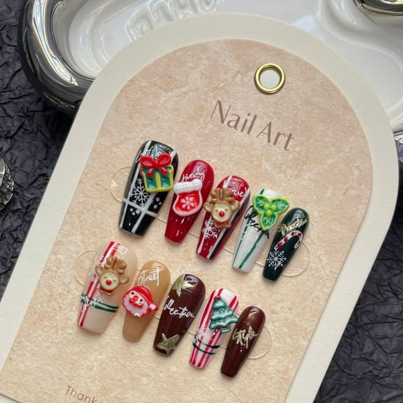 3D Christmas Press On Nails Medium Cheer Snowy Red Design with Candy Reindeer Vibrant Festive Touches Acrylic Handmade French Kit Almond