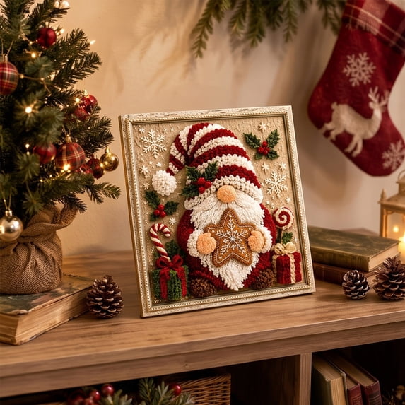 3D Christmas Punch Needle Kit Gnome, DIY Fabric Poke Art Craft Set for Adults Beginners, Vintage Holiday Handmade Decoration with Wooden Tool Display Stand Frame