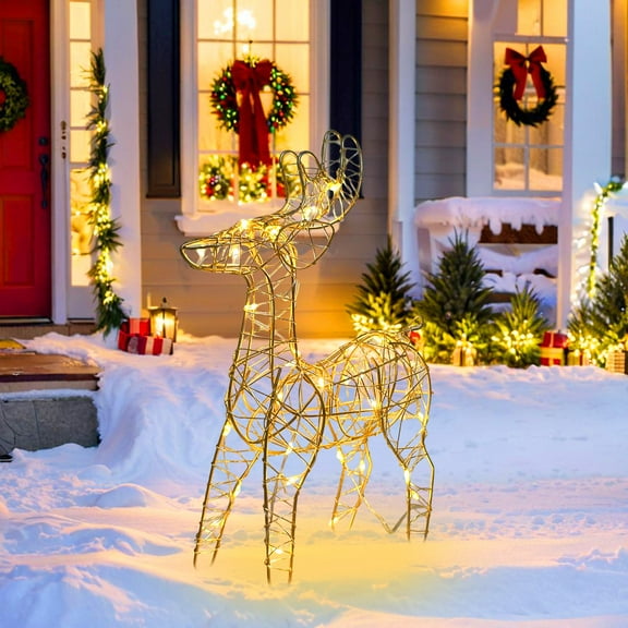 3D Christmas Reindeer Decoration Battery Operated Prelit Iron Reindeer with 30 LED Lights Outdoor Indoor Lighted Standing Deer for Garden Yard Lawn