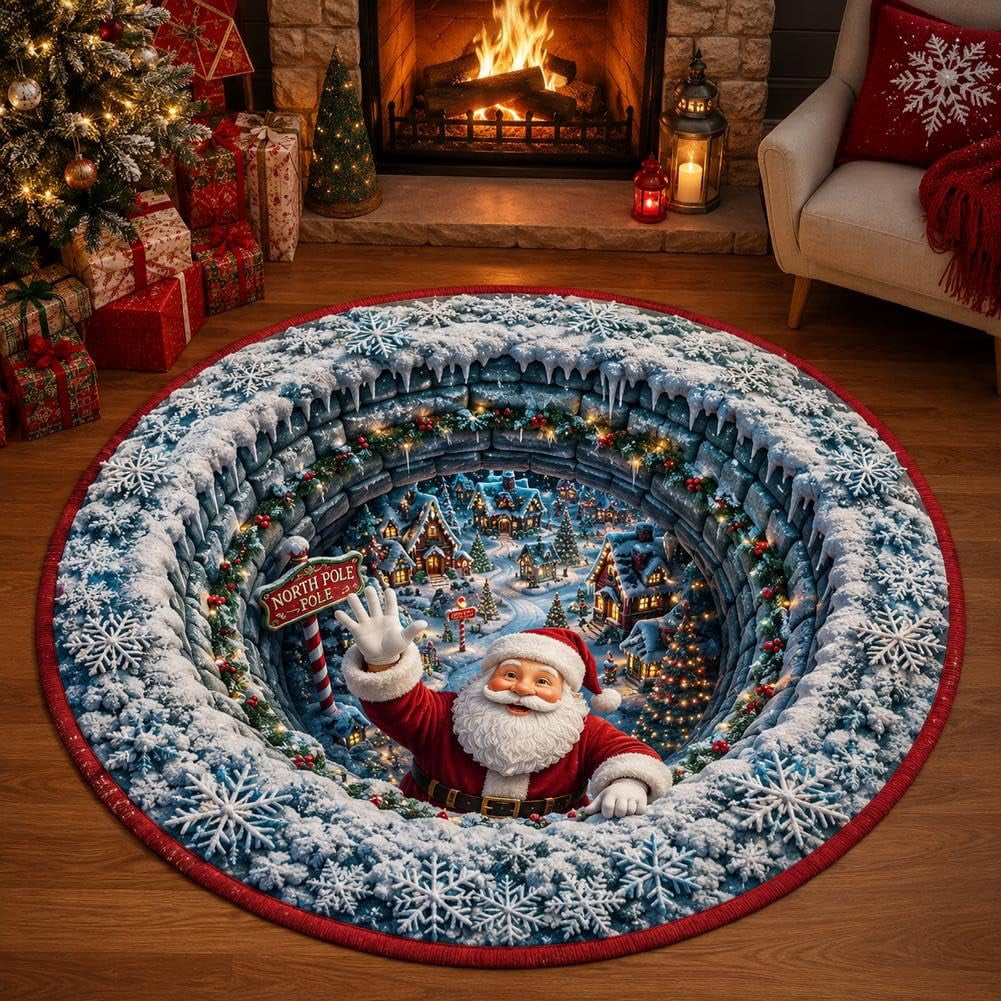 Fancy Round Rug 3D Christmas Round Area Rug, Optical Illusion Holiday Floor Carpet with ...