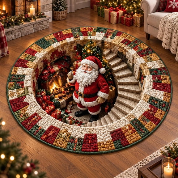 3D Christmas Round Rug, Optical Illusion Christmas Area Rug, Realistic Depth Effect Floor Mat with Santa, Snowman & Gnome Designs for Living Room, Bedroom & Holiday Home Decor