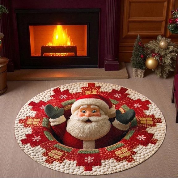3D Christmas Round Rug, Optical Illusion Christmas Rug Door Mats, Custom Santa Claus 3D Effect Design Floor Mat for Living Room & Bedroom Christmas Decor