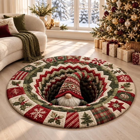 3D Christmas Round Rug, Santa Optical Illusion Mat for Home Decor, Soft Fabric Holiday Area Carpet with Non-Slip Backing for Living Room, Bedroom and Indoor Parties