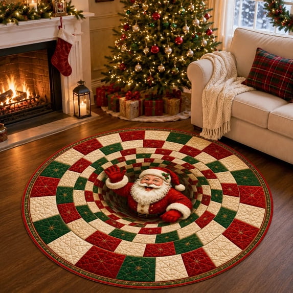3D Christmas Rug Optical Illusion Round Floor Carpet, Funny Santa Vortex Swirl Non-Slip Mat, Christmas Rugs for Living Room Porch Holiday Decor(32 in)