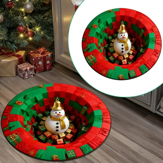 3D Christmas Rug Optical Illusion Rugs, Decorative Rug with Depth Pattern Theme, Round Non-Slip Christmas Floor Mat for Holiday Living Room Bedroom Entryway Decor 31.4x31.4 inch