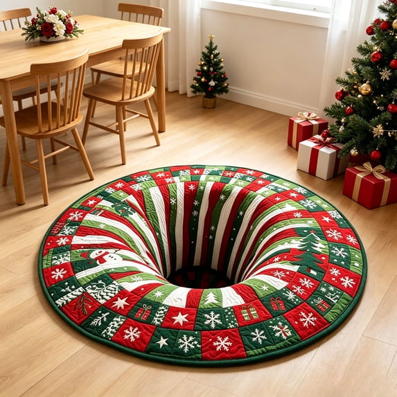 3D Christmas Rug Round Optical Illusion, 40inch/100cm, Non-Slip & Wear-Resistant, Machine Washable, Cotton Polyester Blend, Christmas Rugs for Living Room, Indoor Entryway Use, Festive Holiday Decor