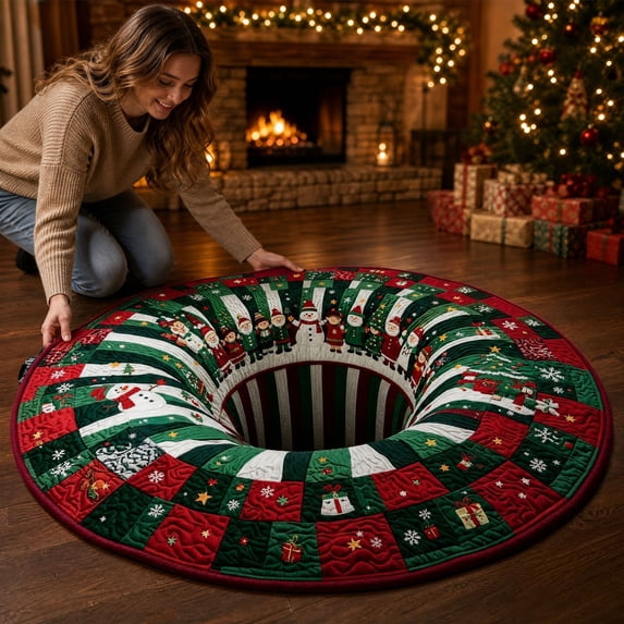3D Christmas Rug Round Optical Illusion, 40inch/100cm, Non-Slip & Wear-Resistant, Machine Washable, Cotton Polyester Blend, Christmas Rugs for Living Room, Indoor Entryway Use, Festive Holiday Decor