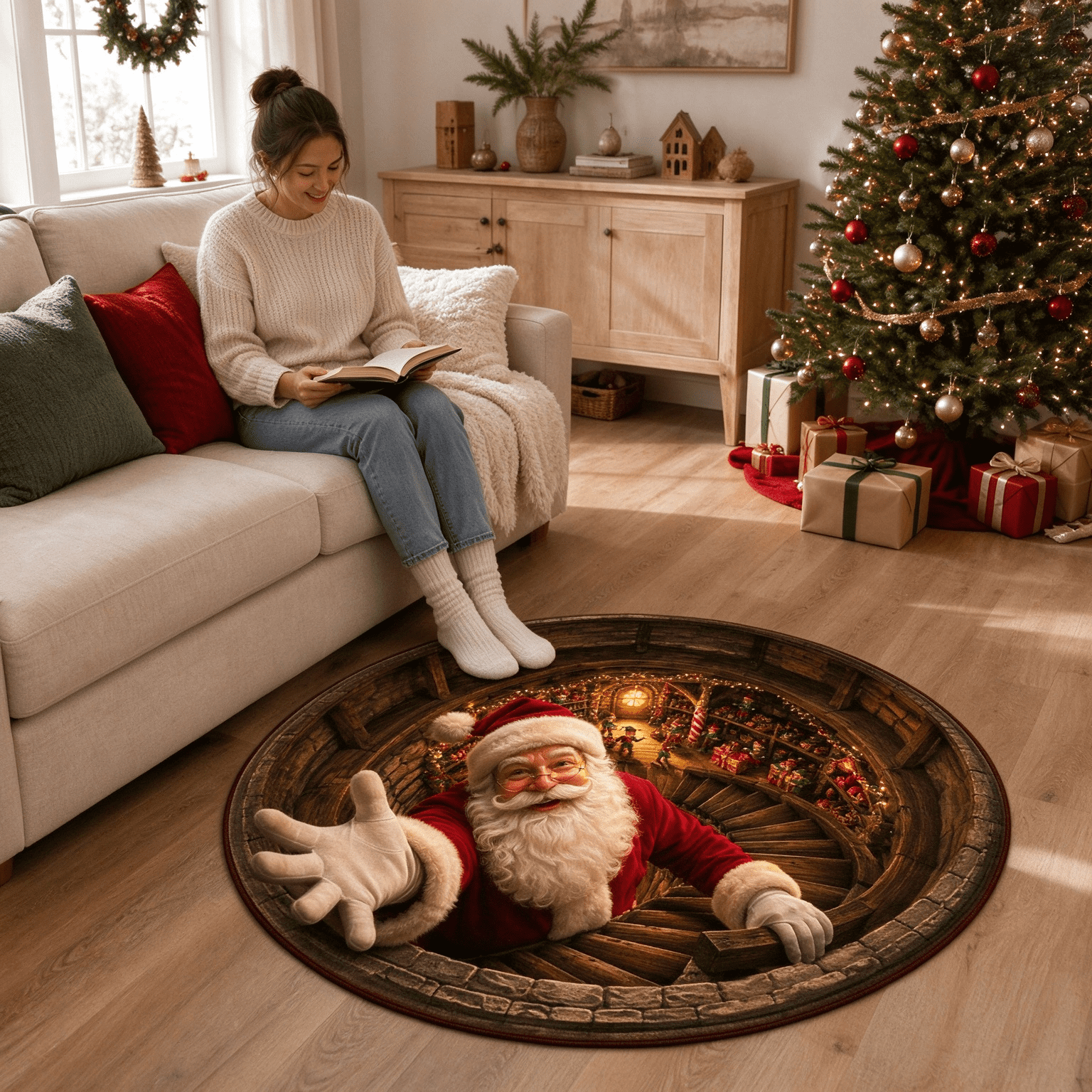 Fancy Round Rug 3D Christmas Rugs, Festive Round Floor Carpet,3D Rugs Optical Illusion ...