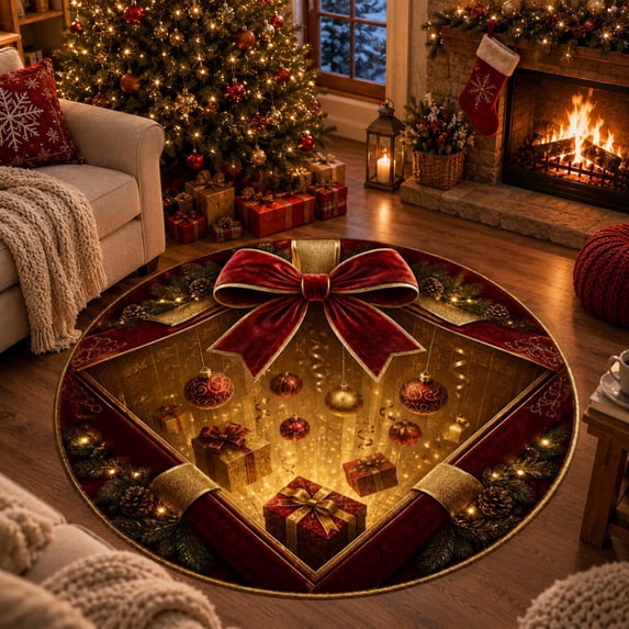3D Christmas Rugs, Festive Round Floor Carpet with 3D Tunnel