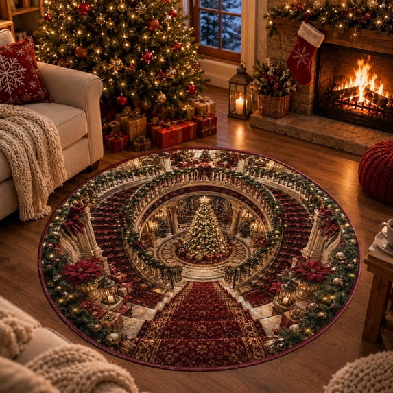 3D Christmas Rugs, Festive Round Floor Carpet with 3D Tunnel
