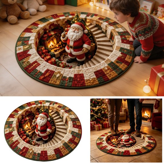 3D Christmas Rugs - Optical Illusions Christmas Round Rug, 24 Inch, Decorative Santa Printed Area Mat for Indoor Outdoor Xmas Decor