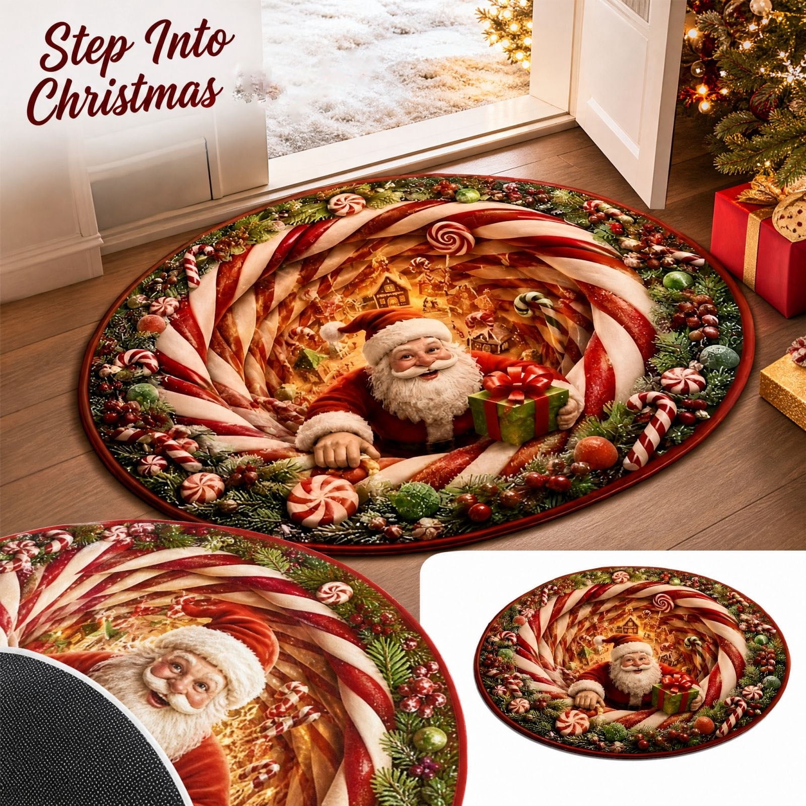 Candy Round Rug 3D Christmas Santa Claus Candy Cane Vortex Round Rug Optical Illusion ...