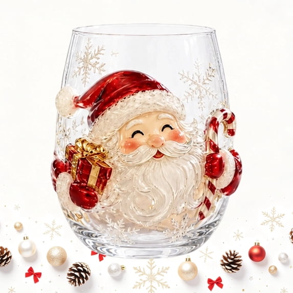 3D Christmas Santa Glass Art Cup, Christmas Cups Glass Luxury Raised Holiday Glassware for Drinks 3D Santa Stemless Wine Glasses Glassware for Coffee Tea Juice Milk