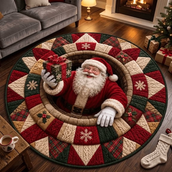 3D Christmas Santa Round Rug, Optical Illusion Vortex Floor Mat, Holiday Home Decor