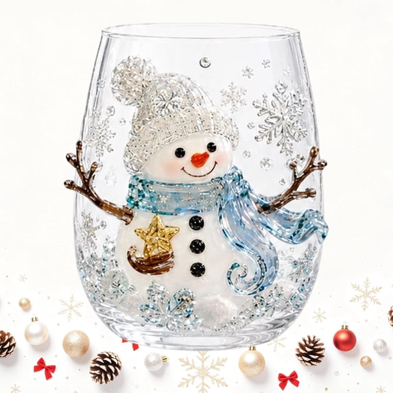 3D Christmas Snowman Glass Art Cup Luxury Raised Holiday Glassware for Drinks Bring Christmas Magic to Every Sip Perfect For Wine Coffee Tea, Juice Party Tables Holiday Decor and Gifts