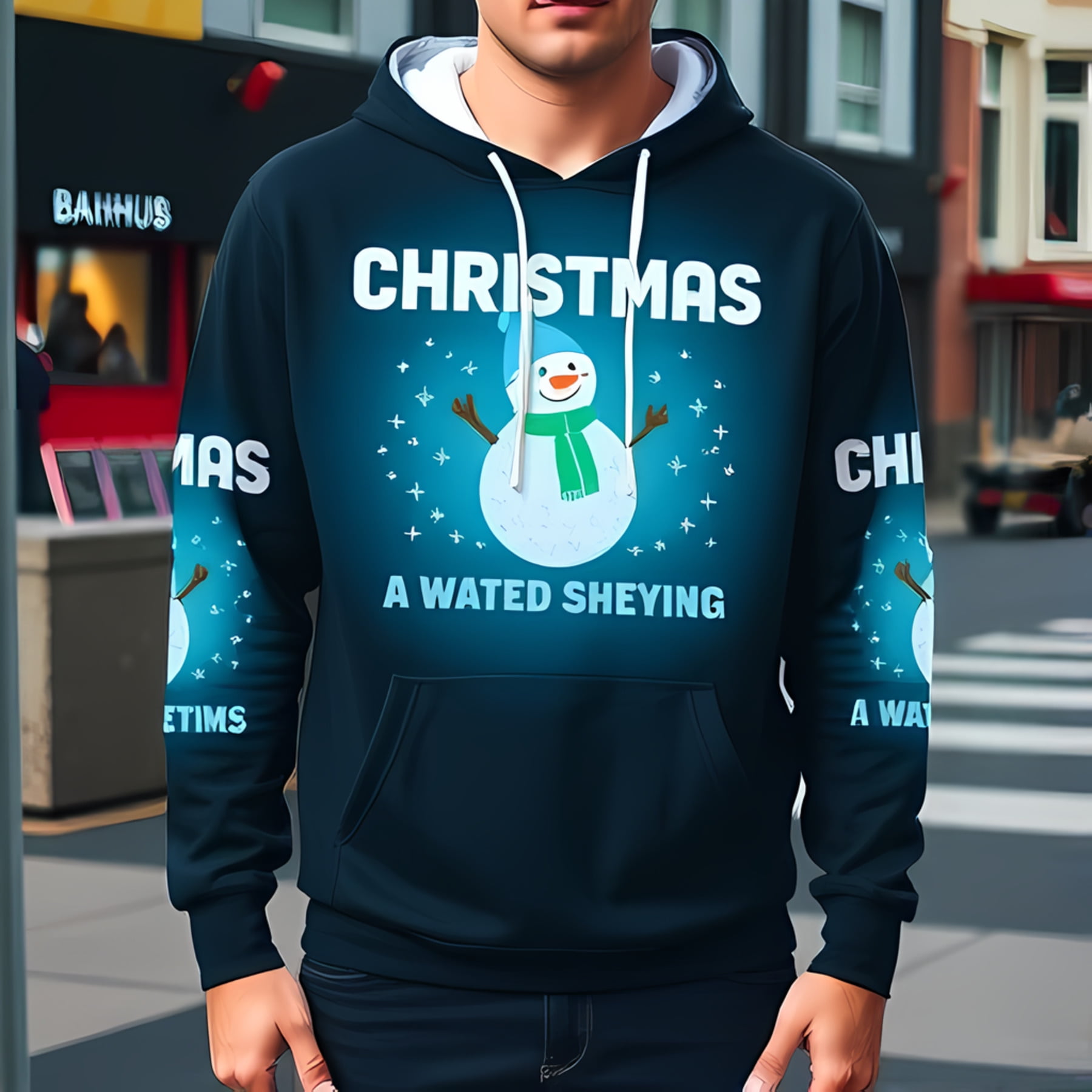 3D Christmas Snowman Hoodie for Men Dark Blue with White Hood & Joyful ...