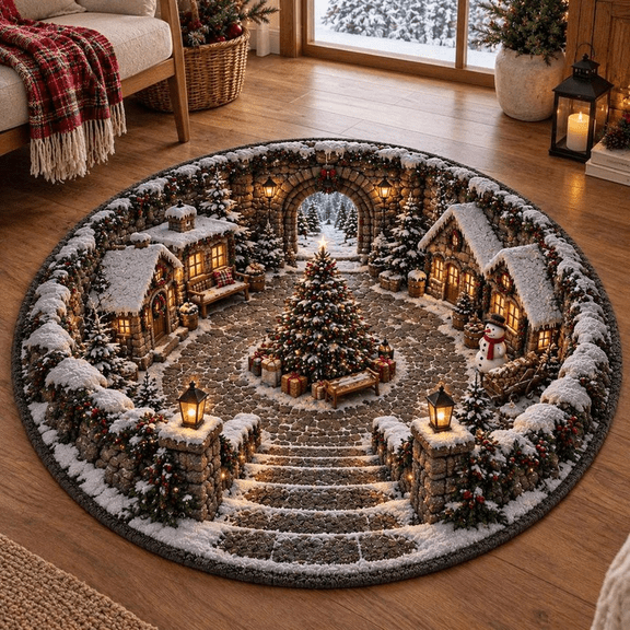 3D Christmas Snowy Village Round Rug, Snow Town Spiral Staircase Optical Illusion Floor Mat