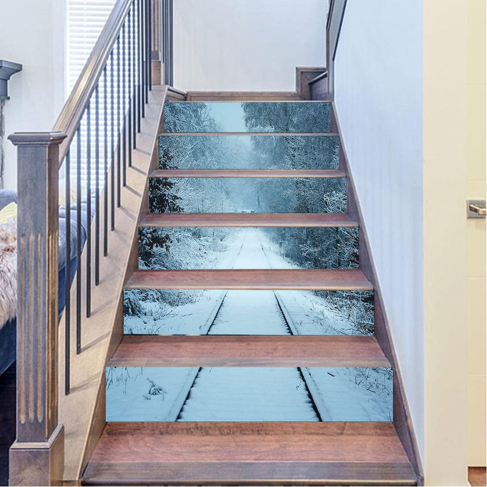 3D Christmas Stair Stickers Decals - Winter snow scene forest railway track Risers Stickers Decals Removable Staircase Decals Vinyl Wall Stickers for Stair Steps Christmas Decoration