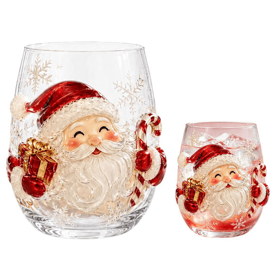 3D Christmas Stemless Wine Glasses Tree Design with Gold Snowflakes and Gift Boxes Festive Holiday Drinkware for Parties(Santa)
