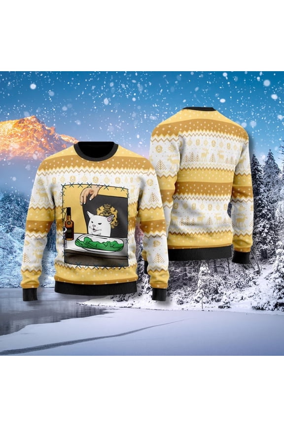3D Christmas Sweater: Meme Cat Dinner, Fair Isle Knit Jumper