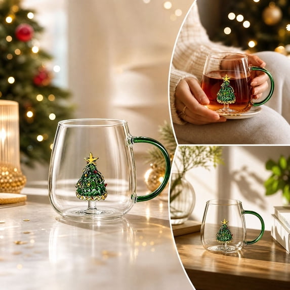 3D Christmas Tree Glass Mug, Clear Double‑Wall Cup with Green Handle & Mini Xmas Tree Inside, Festive Coffee Tea Mug for Holiday Gift