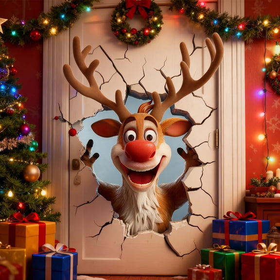 3D Christmas Wall Decal – "Breaking Through the Wall" Design; Large, Removable Christmas Wall Sticker – Ideal for Winter Holiday Home Decor