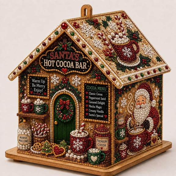 3D Christmas Wooden House Diamond Art Kit for Adults, Diamond Painting Craft with Pearl Beads & Resin Gems, Christmas Pearl Art Kit, DIY Hanging Christmas Ornaments & Wall Decor Gift