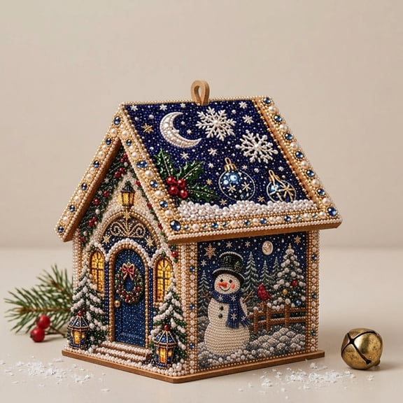 3D Christmas Wooden House Diamond Painting Kit, Pearl Rhinestone DIY Craft Set for Adults & Beginners, Holiday Ornament for Tree, Shelf & Mantel