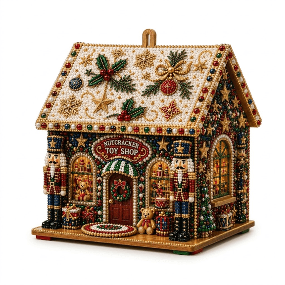 3D Christmas Wooden House Diamond Painting Kit, Pearl Rhinestone DIY Craft Set for Adults & Beginners, Holiday Ornament for Tree, Shelf & Mantel