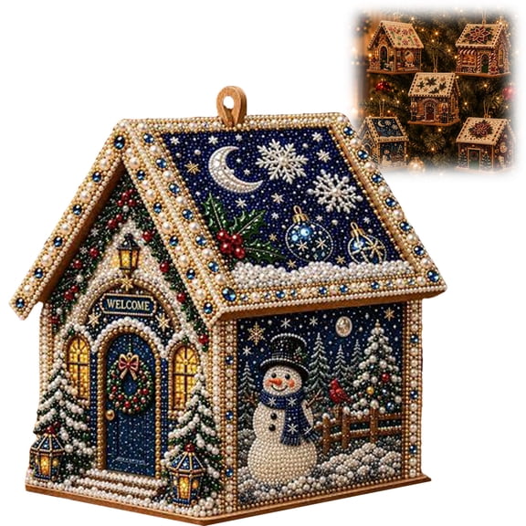 3D Christmas Wooden House Diamond Painting Kit, Pearl Rhinestone DIY Craft Set for Adults & Beginners, Holiday Ornament for Tree, Shelf & Mantel
