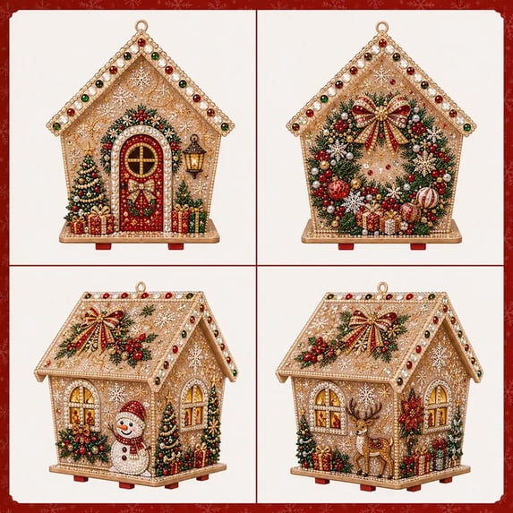 3D Christmas Wooden Pearl House DlY Kit, Rhinestone Diamond Art DIY Set, Complete Beginner Craft Set with Pre-Cut Wood Panels, Christmas Tree Ornaments, Handmade Home Decoration Gifts