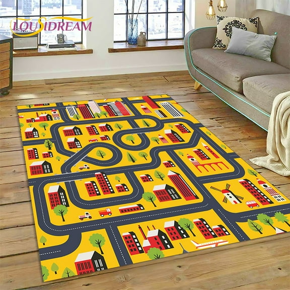 3D City Traffic Road Map Child PlayMat Highway Playroom Area Rug Carpet Rug for Living Room Bedroom Sofa Doormat Non-slip Gift
