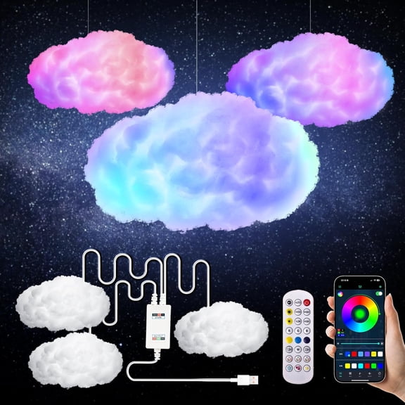 3D Cloud Lamp 3 Pack 24 Inch Cotton LED Mood Lights, APP & Remote Controlled, Music Sync, 16 Million Colors, USB Powered for Bedroom, Gaming Room, Starry Sky Ceiling Decor