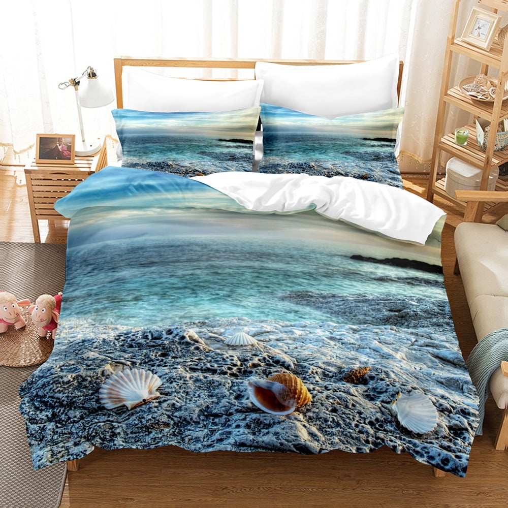 3D Coastal Beach Bedding Set 3 Piece Scenery Bedding Microfiber No
