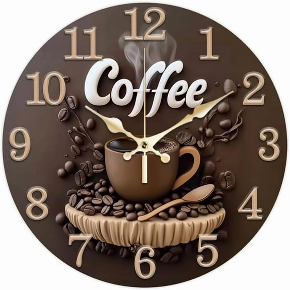 3D Coffee Bean Pattern Wall Clock 12 Inch Non-Ticking Clocks Round Wall Hanging Clock Battery Operated for Bedroom Living Room Kitchen Office